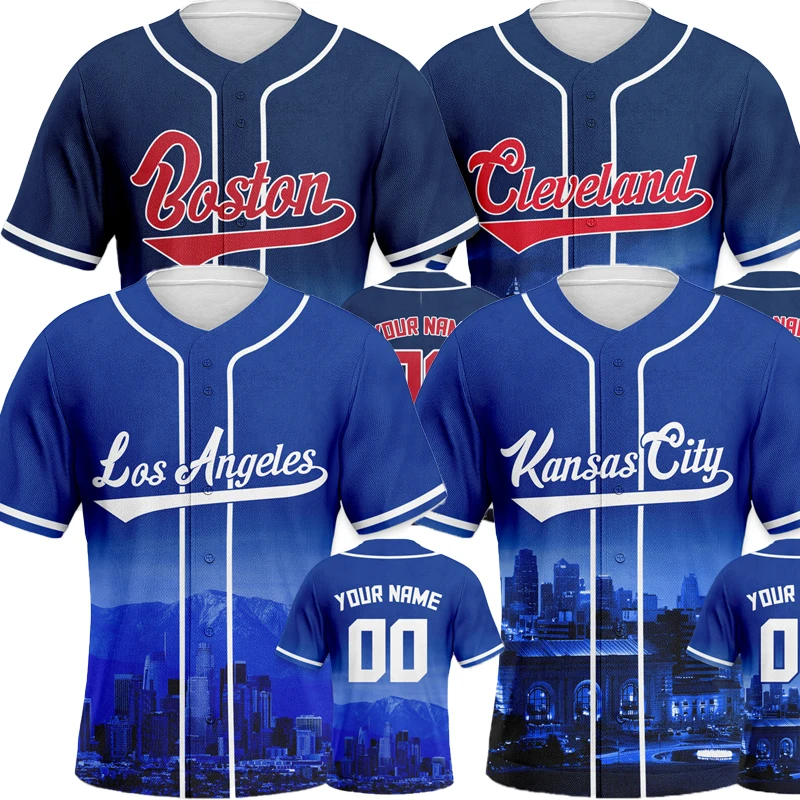 Blue Custom Baseball Jersey Men Sublimation Blanks Customize City Night View Home Tshirt Personalized Baseball T-shirt