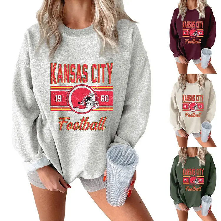 Autumn and winter women's hoodie kansas city 1960 football red velvet warm hoodie fashion crew-neck long-sleeved top with casual