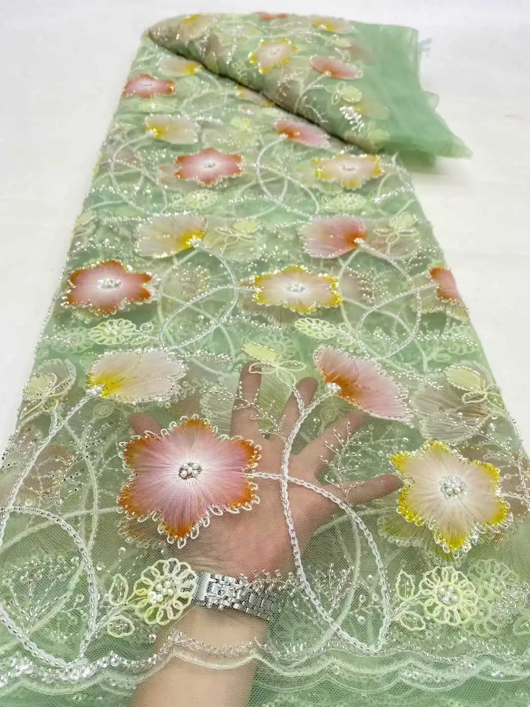 

2025 Latest 3D Flower Embroidery Beads Sequins African Lace Fabric 5 yards High Quality Nigerian Women Wedding French Material