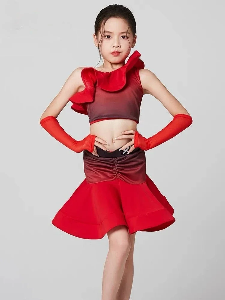 Kind Latin Dans Jurk Set Kostuum voor Meisjes Rode Rok Tango Cha Cha Samba Kleding Training Competitie 2025, Nieuwe Zomer
