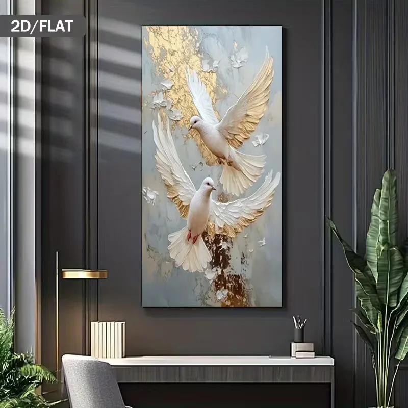 2D Flat, 2D Flat, Modern Abstract Canvas Art Featuring White Pigeons with Golden Wings, Measuring 27.56 by 55.12 Inches Or 70 by