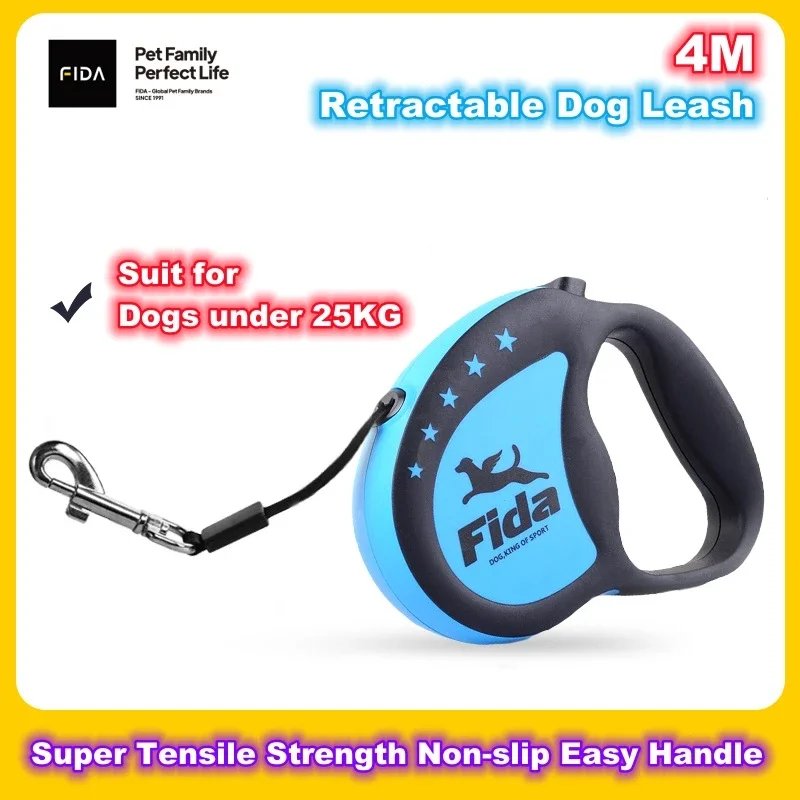 Fida Retracable Dog Leash 4M Length Super Tensile Strength Reflective Rope Metal Buckle Non-slip Easy Handle Suit for 12KG Puppy