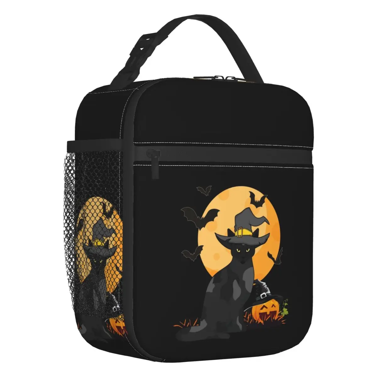 Custom Black Cat Halloween Pumpkin Insulated Lunch Tote Bag  Kitten Haunted Portable Thermal Cooler Bento Box