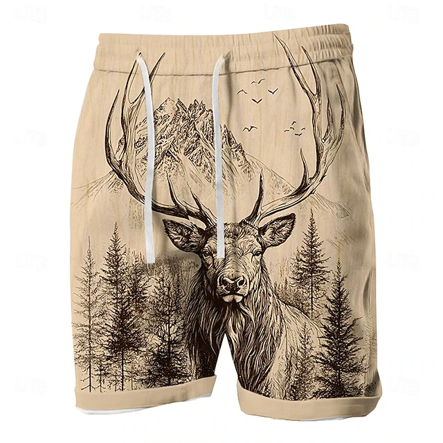 

Men Outdoor Adventure Elk Print Casual Shorts Vintage Mountain Forest Pattern Drawstring Waist Summer Hiking Camping Bottoms