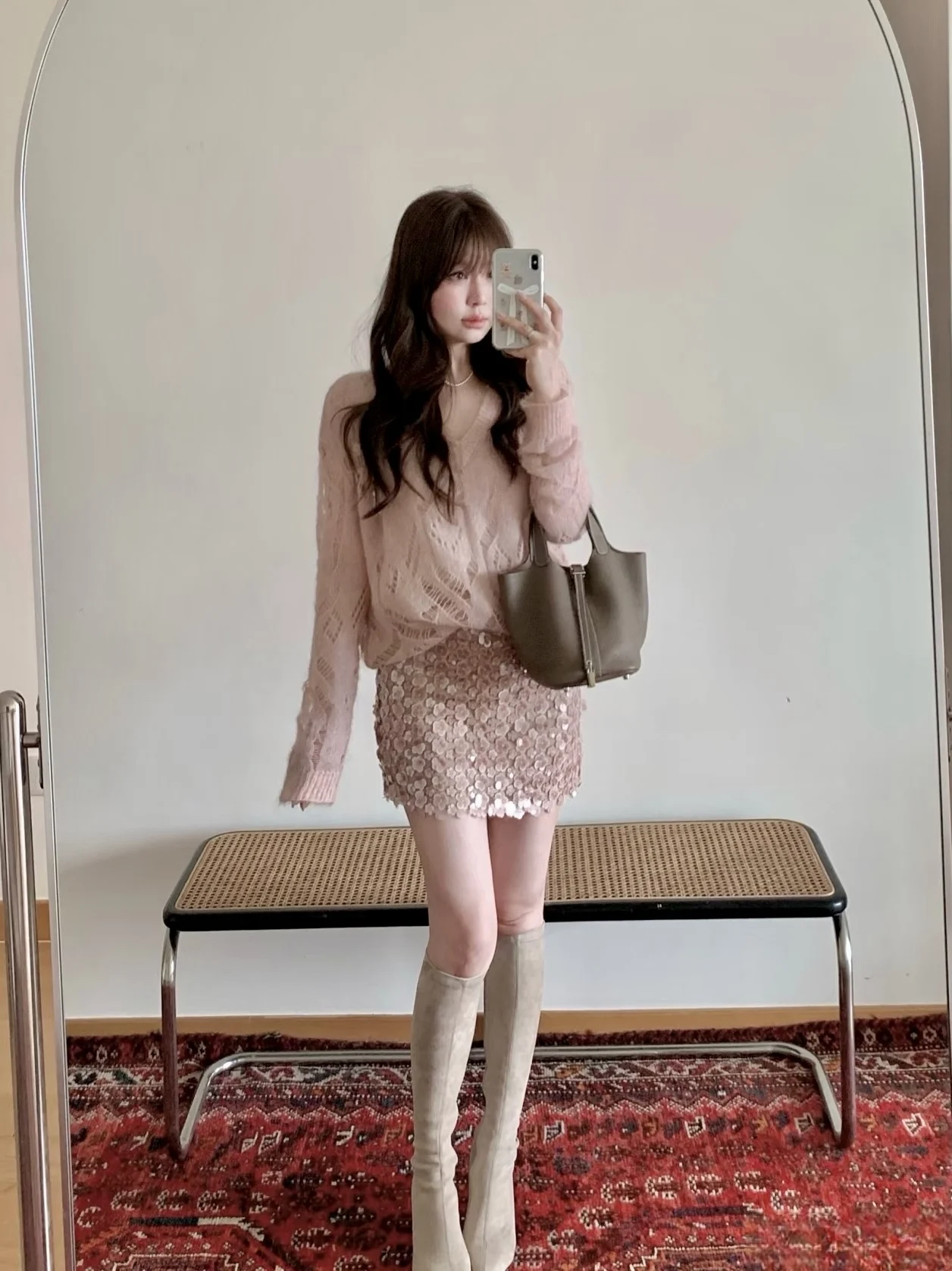 

Miusi Woolen Sweater And Sequin Skirt Set Women's Faion V-ne ort Sve Long Sve Autumn Collection Casual Wear