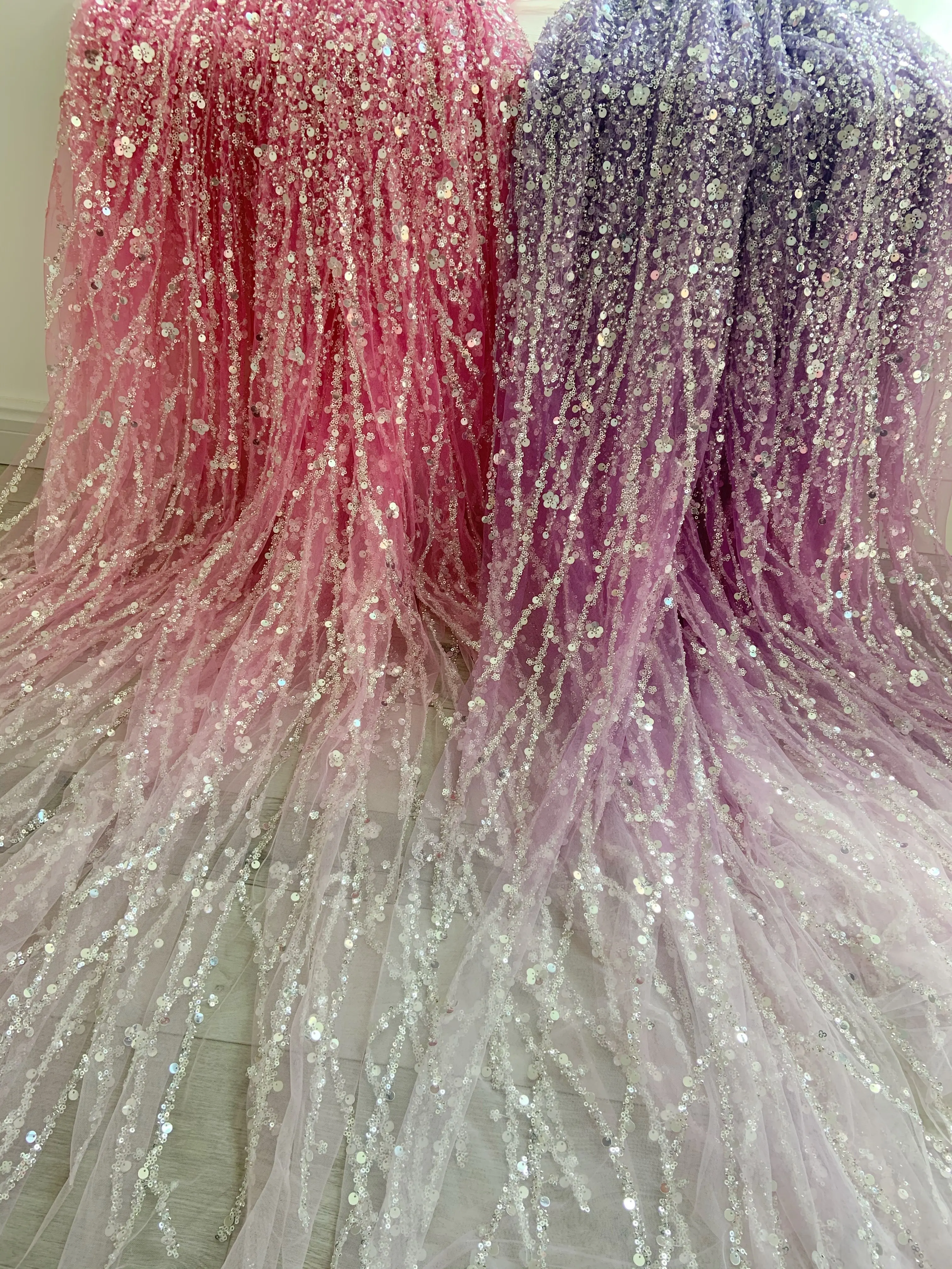 Gradient Color Bead Sequin Fabric for Wedding Dress Drama Costume Hanfu Dance Costume Stage Pink Beading Lace Fabric