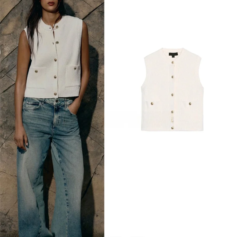 

Новый осенний женский повседневный вязаный жилет без украшений, верхняя одежда H-образной формы из полиэфирного волокна