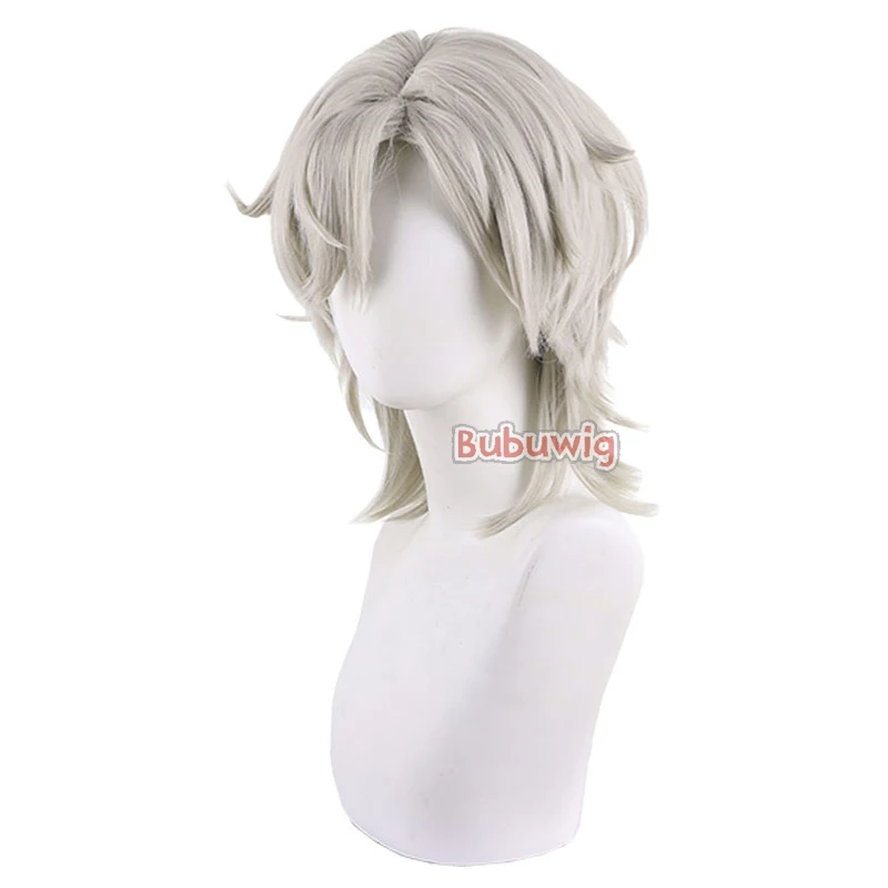 Bubuwig Synthetic Hair Aventurine Cosplay Wigs Honkai: Star Rail Aventurine 30cm Straight Light Gray Men Wig Heat Resistant