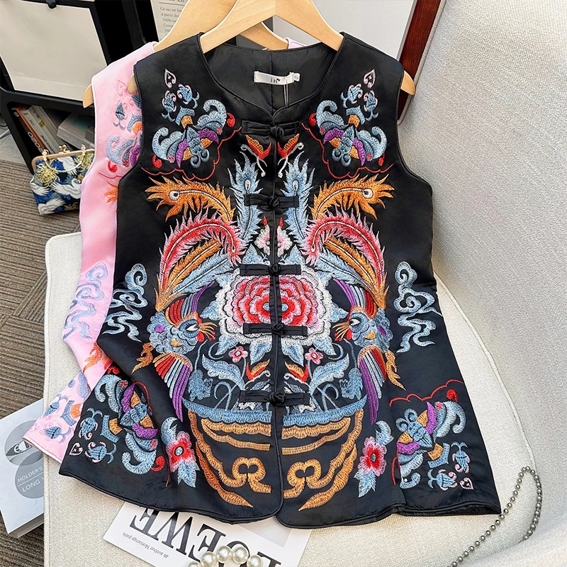 Chinese Style Phoenix Embroidered Vest Coat Heavy Industry Vintage Buckle Waistcoat Women Spring National Sleeveless Jacket Tops