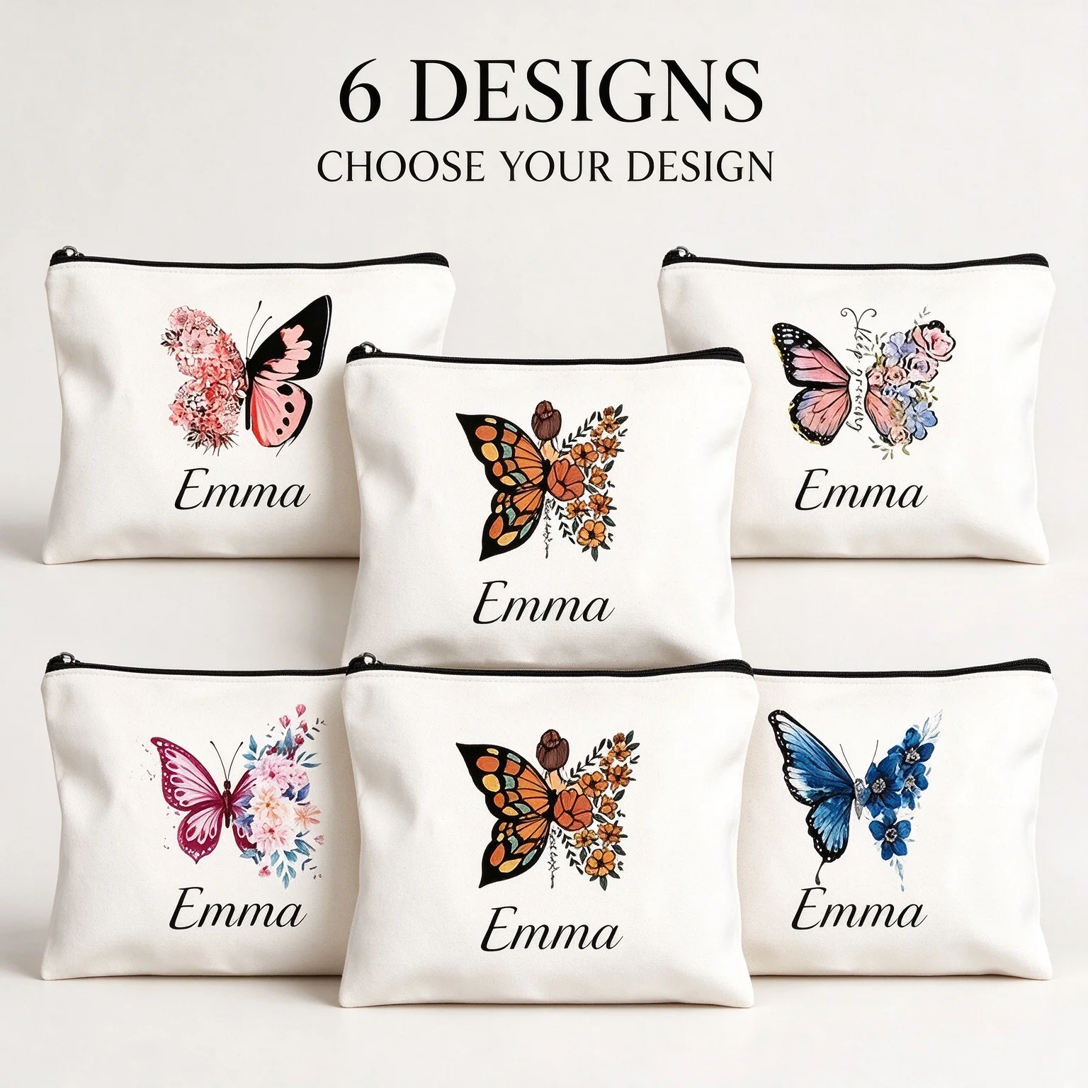 Personalized Name Butterfly Floral Cosmetic Bag, Custom Canvas Makeup Pouch, Portable Zipper Storage Bag Women Daily Travel Gift