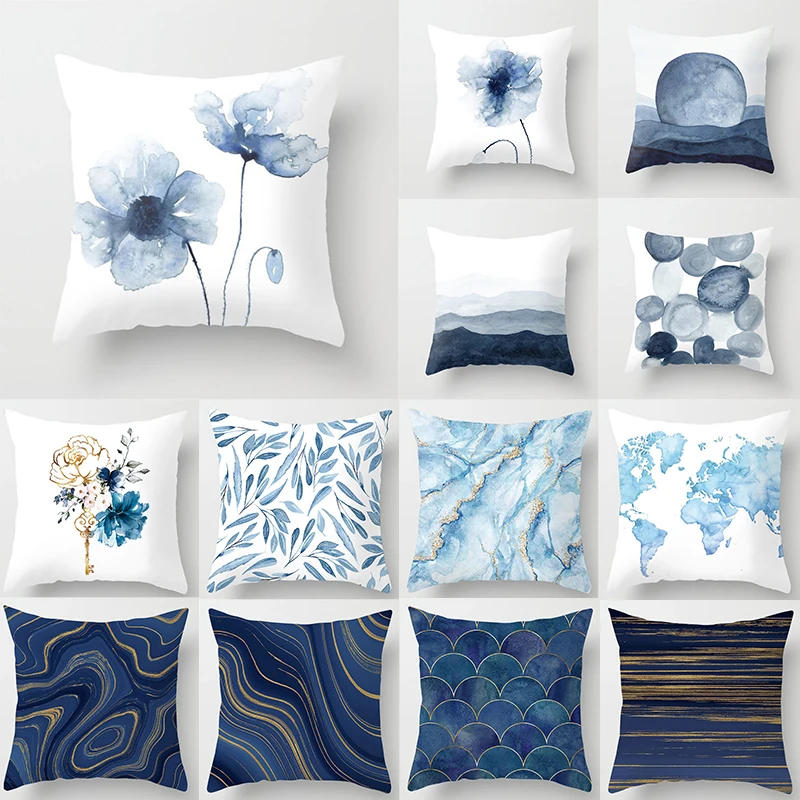 Blue marble cushion cover ink flower geometric polyester pillowcase double-sided printed sofa  decoration