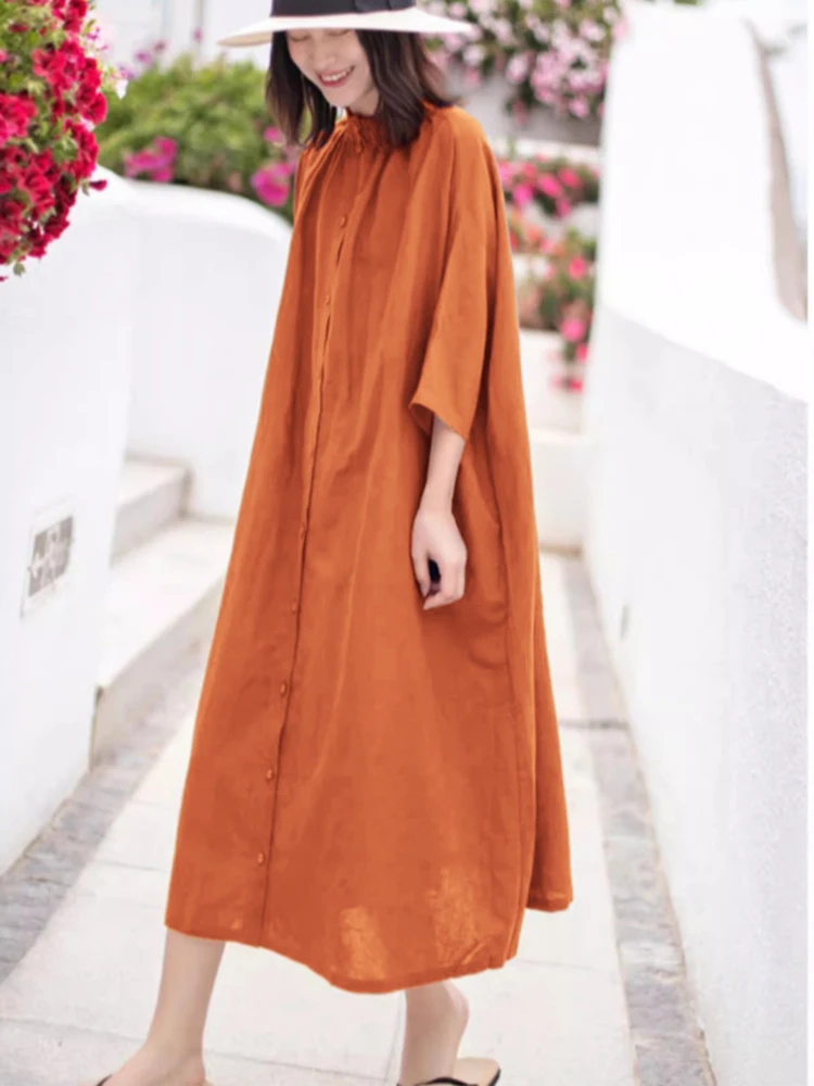 Klein bleu lin sept Sve Dr femmes printemps forêt système Art ample mince coton lin ouvert Cardigan Long Dr