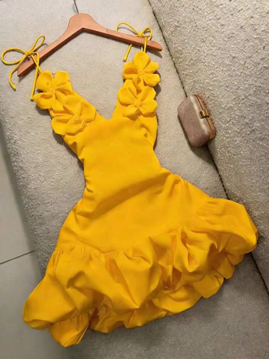 

Womens Yellow Floral Ruffle Dress With Bow Straps Evening Party Dress