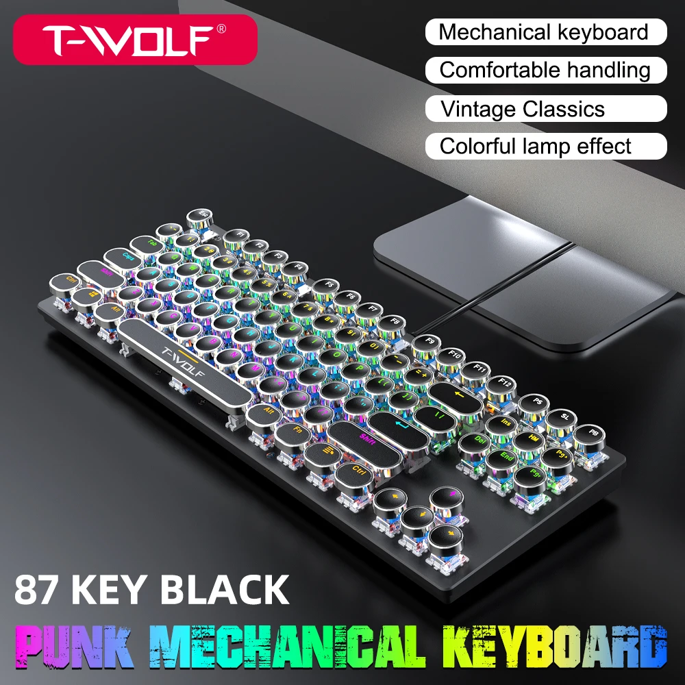 

T12 87-key Mechanical Keyboard Colorful Multimedia Punk Keycap Retro Waterproof Wired Gaming Keyboard for Computer Gamer