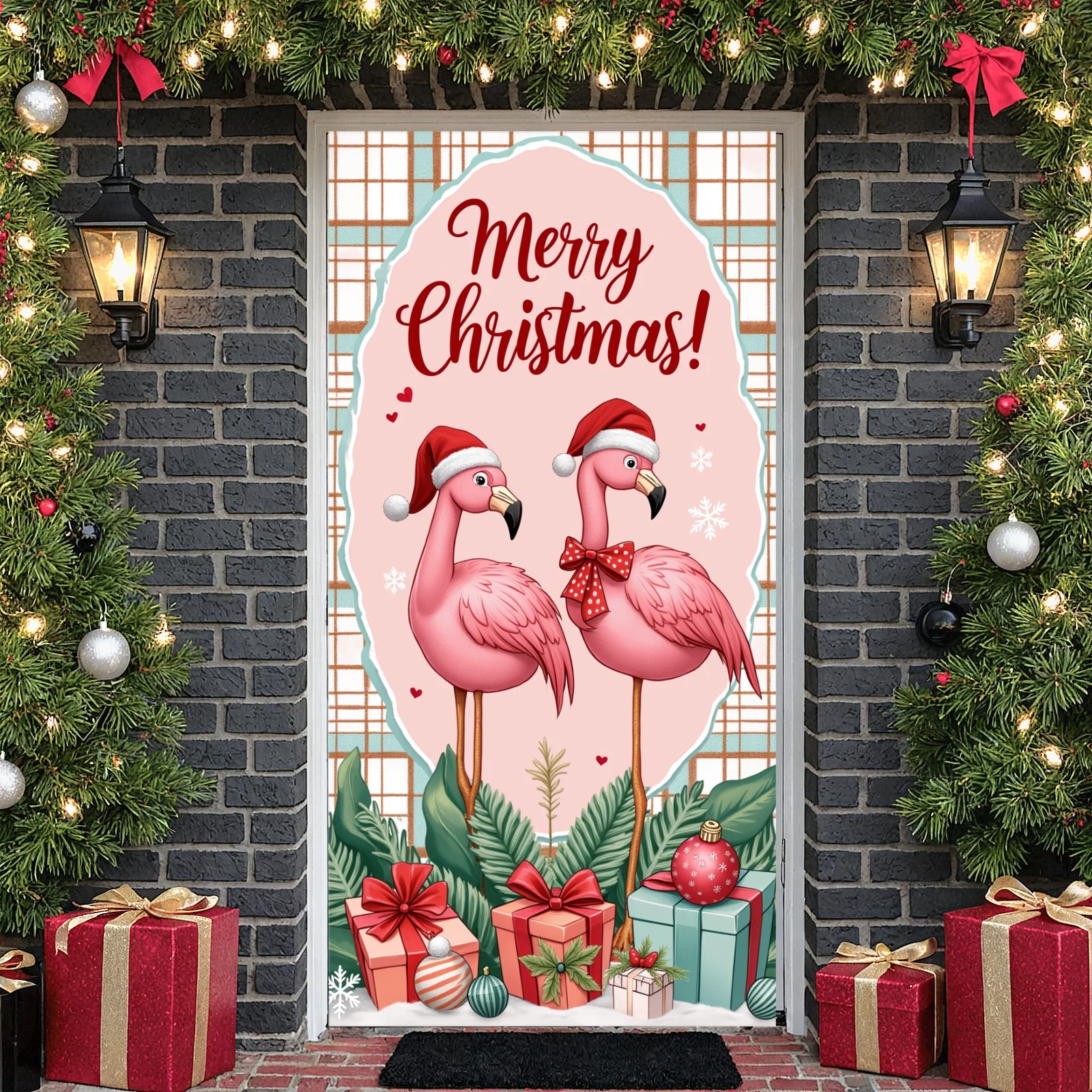 Holiday Background Pink Background Festive Banner Pink Flamingo Backdrop Tropical Christmas Flamingo Display For Home Party