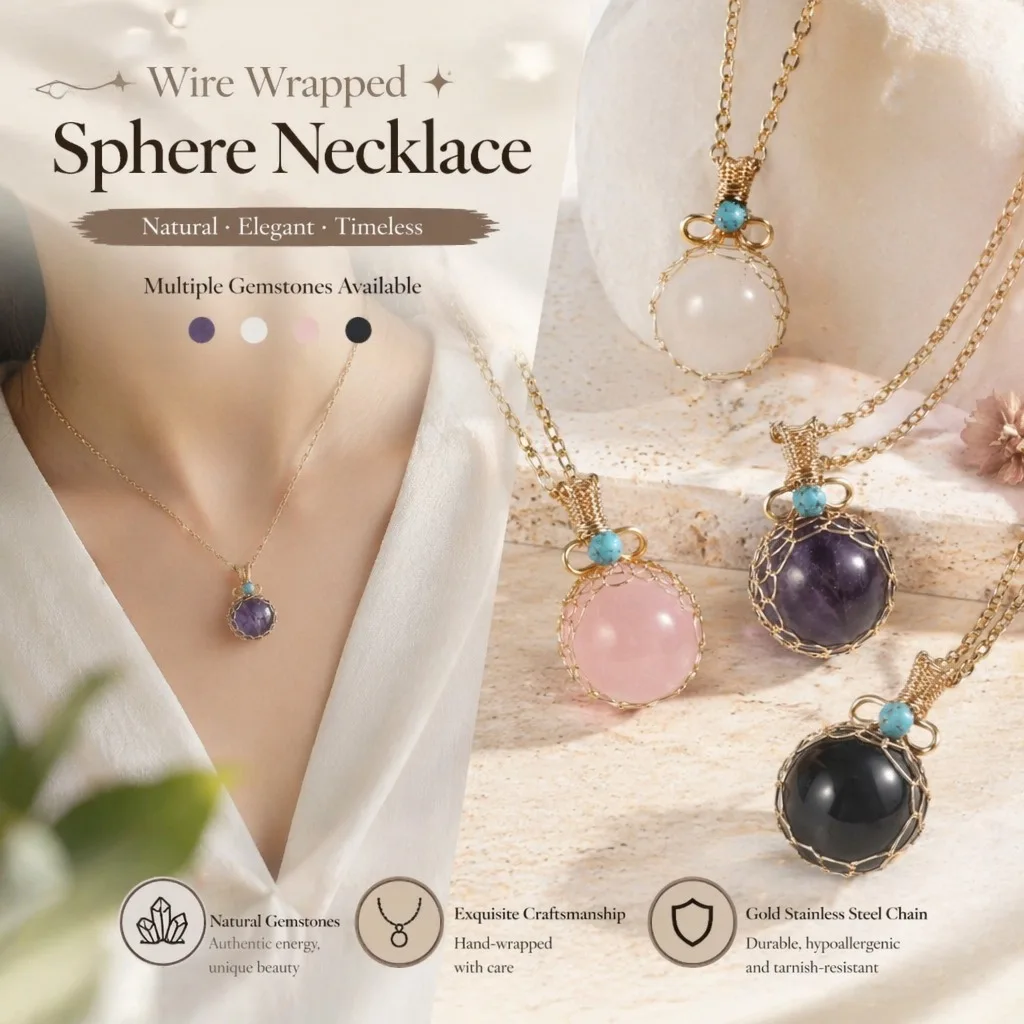 Handmade Woven Mesh Edge round Bead Necklace with Natural Gemstone Pendant for Ladies Elegant Boutique Jewelry Accessory