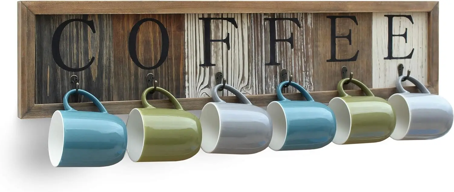 Comfort Corner Coffee Mug Holder with Printed Solid Wood Coffee Sign,6 Cup Hooks with Coffee Mug Display and Organizer