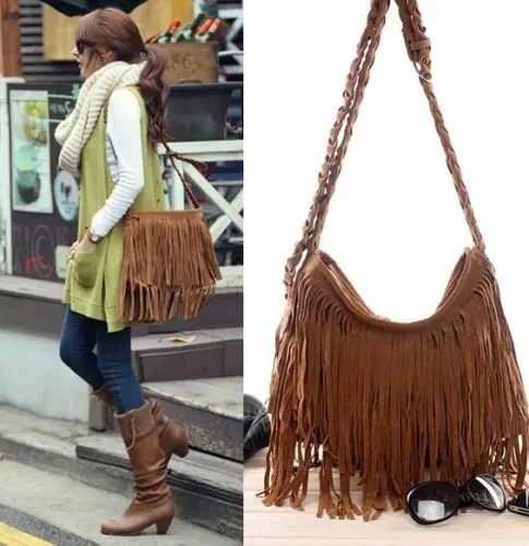 Women Trending Cross Body Bag Solid Scrub Faux Fur Tassel Suede Fringe Messenger Shoulder Handbag Elegant Beautiful Satchel