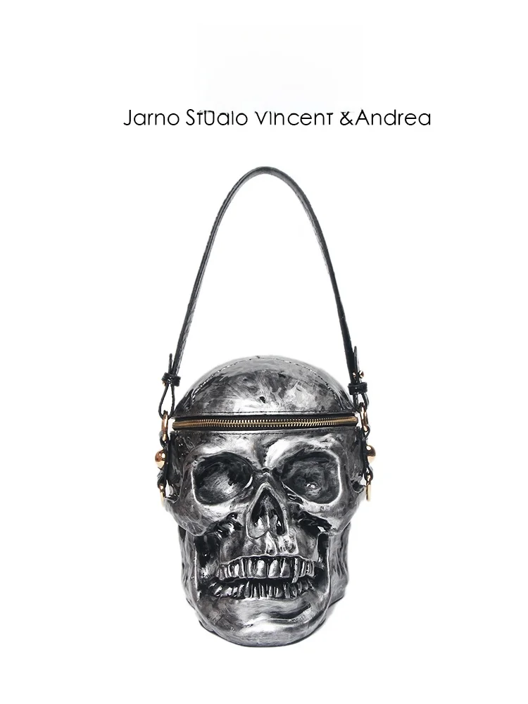 Metal Skull Head Crossbody Bag Unisex Creative Funny Small Batch Shoulder Bag British Style Youth Casual Geometric Pattern