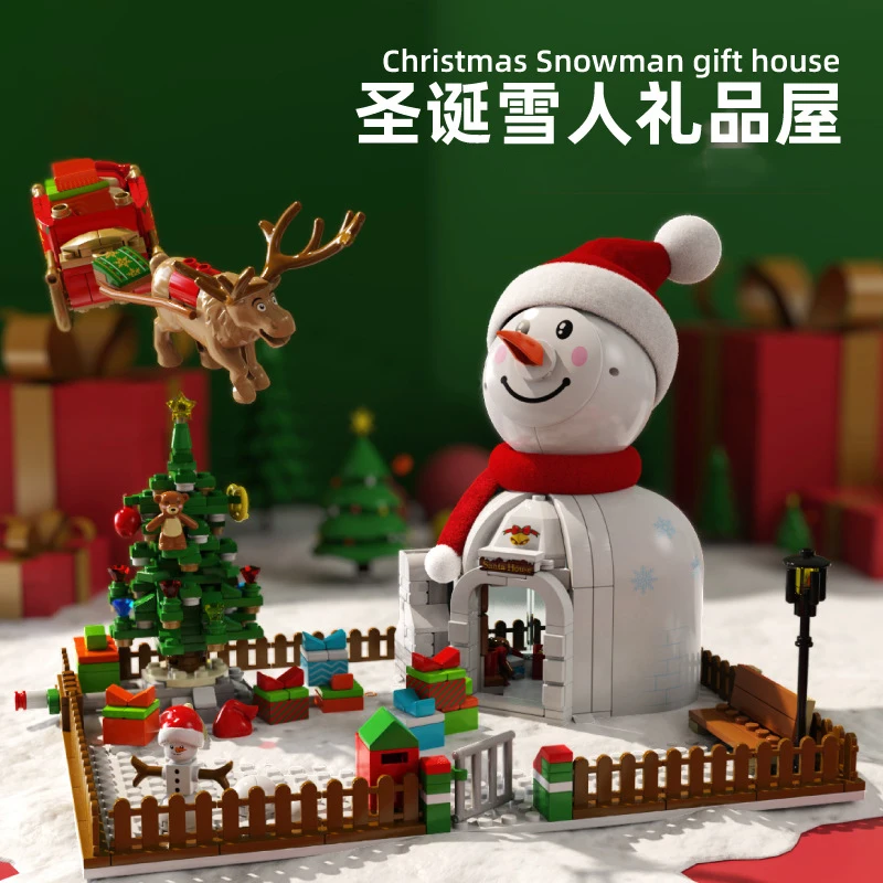 

Christmas Snowman Gift House Music Box Light Assembly Small Particle Building Block Model Assembly Toy Christmas Present For Kid