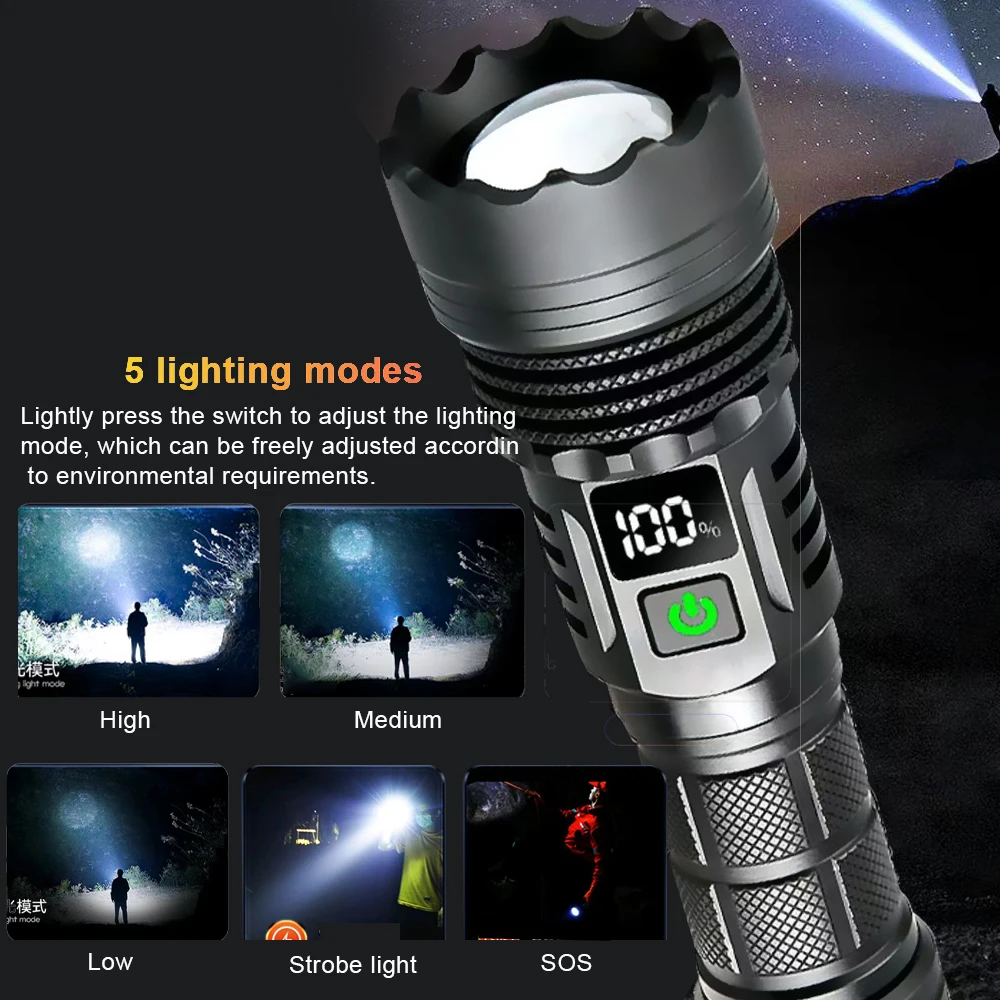 High Power LED Flashlights Zoom Tactical Bright Light Torch USB Rechargeable Waterproof Lantern For Outdoor Camping Hunting