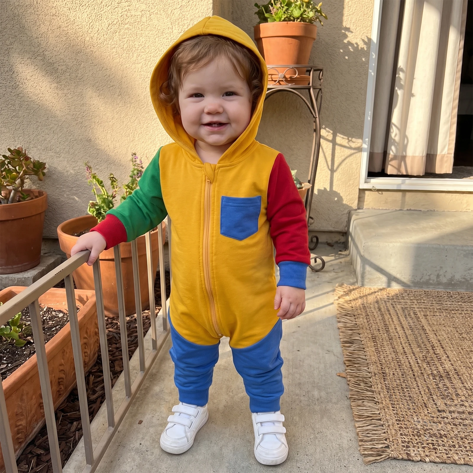 2027 New Baby Hooded Jumpsuit Spring Toddler New Casual Long Sleeve Contrast Color Zip Up Romper