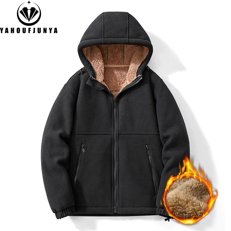 2024 Men Winter Outdoor Casual Fleece Warm Hooded Jacket Men Solid Color Zipper Fashion High-Quality Design Jacket Male Coat 5XL