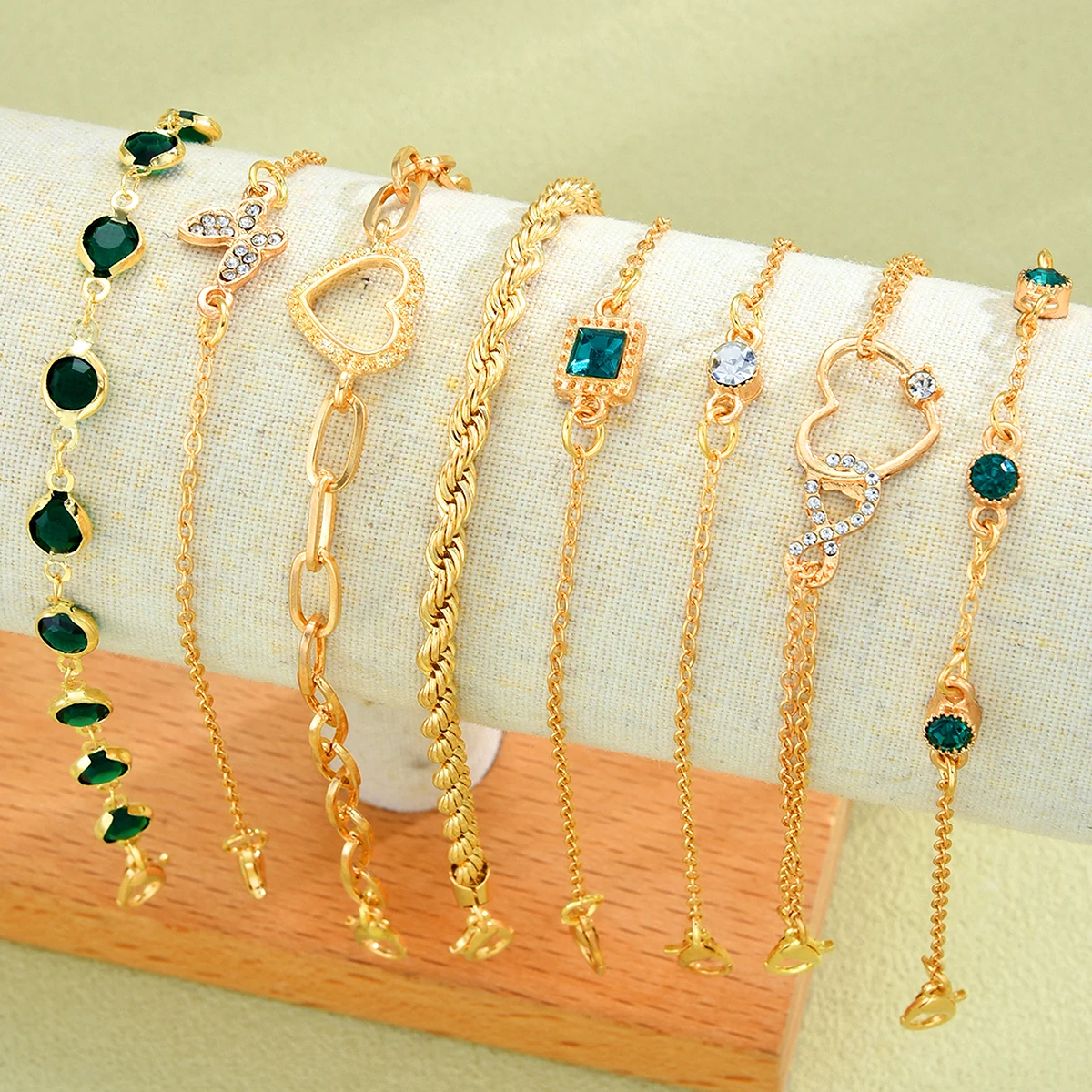 5 قطع خمر القلب الأخضر كريستال سوار مجموعة للنساء أزياء جميلة فراشة حجر الراين إنفينيتي هندسية أساور مجوهرات