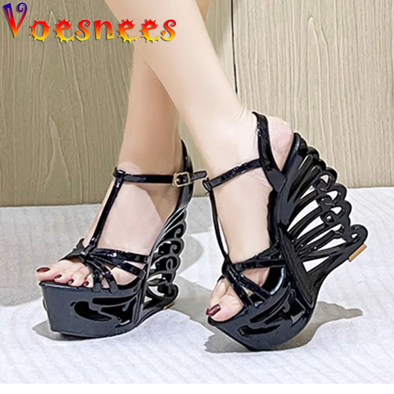 Super High Heel Sexy Hollow Out Design Wedge Sandals 2022 Fashion Thin Band Summer Women Pumps Plus Size 14.5CM Model Show Shoe