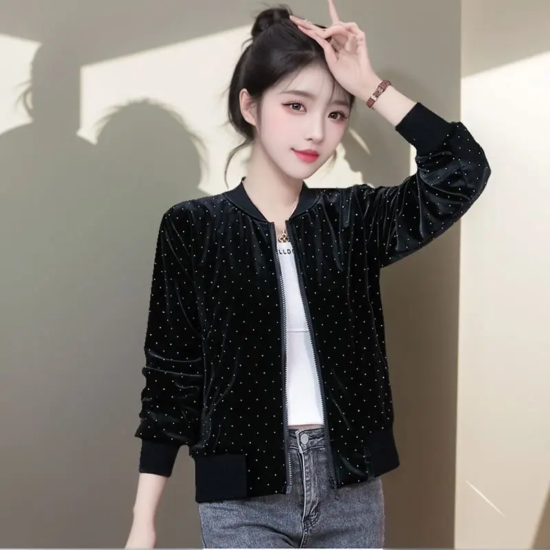 Black Baseball Uniform Short Coat Women's 2026 New Spring Autumn Fashion Hot Drilling Age-reducing Foreign Jacket Top