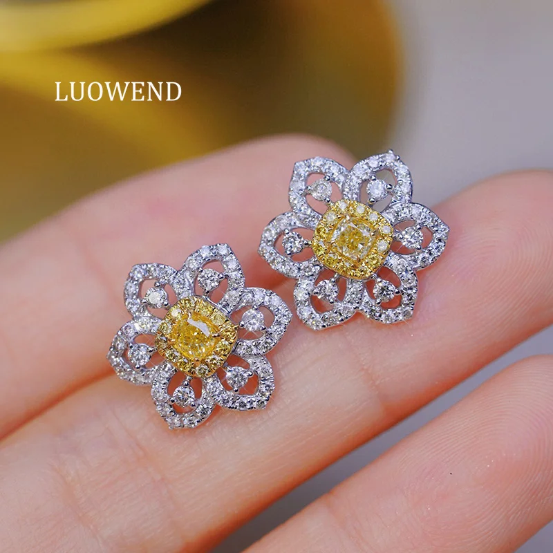 

LUOWEND 100% 18K White Gold Earrings Real Natural Yellow Diamond Stud Earrings Luxury Flower Design High Women's Party Jewelry