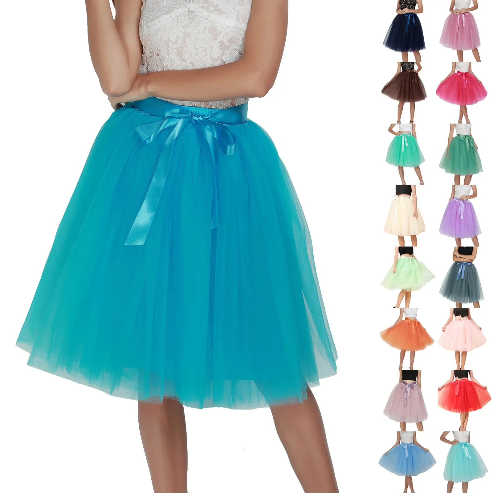 Women Dance Clothes Mesh Bubble Puffy Tulle Skirt Adult Performance High Waist Tiered Pleated Skirt Knee Length Fairy Tutu Skirt