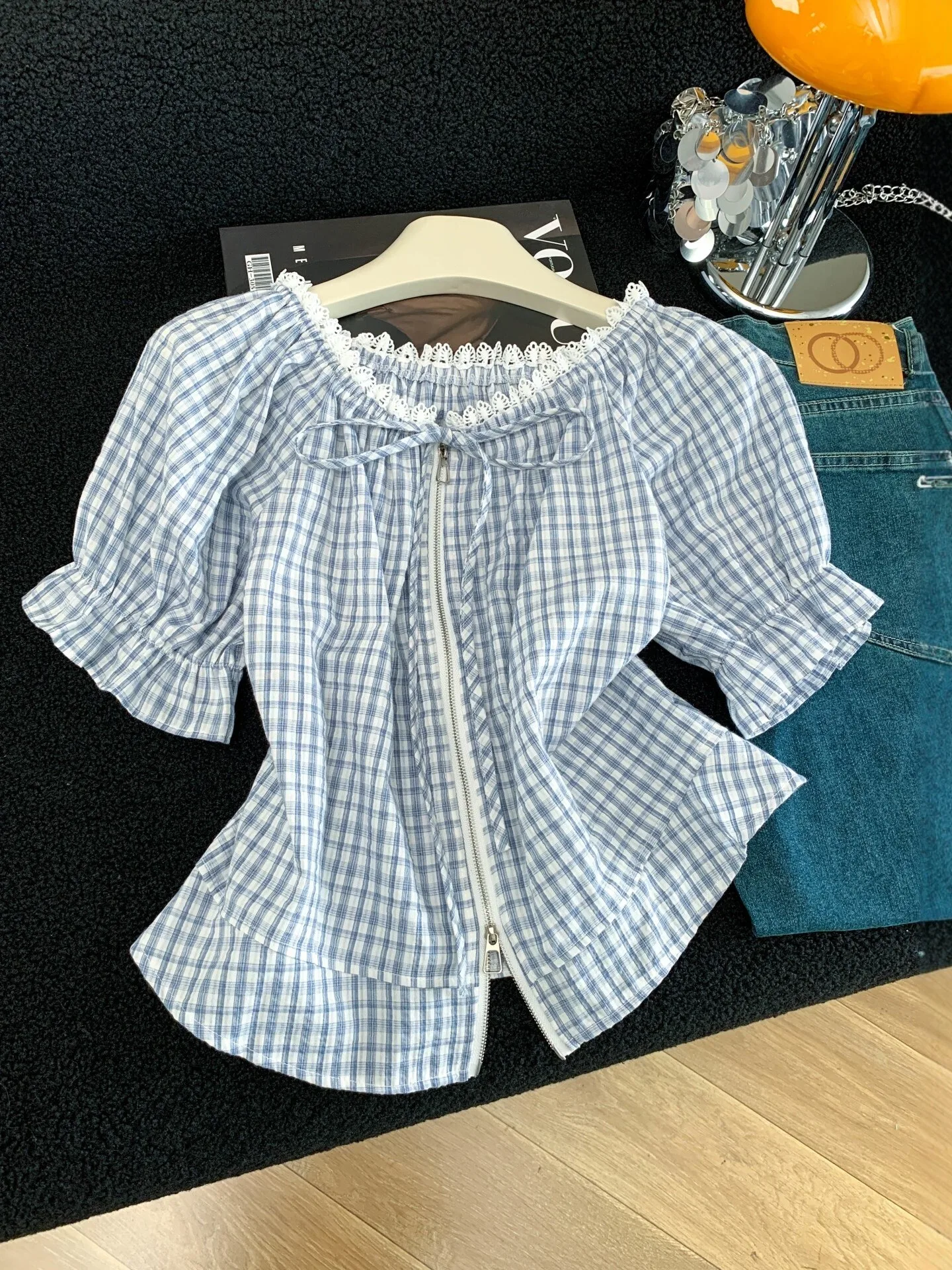 

Blue Plaid Zipper Short Sleeve Women's Shirt Summer Loose Slimming Lace Belted Bubble Sleeve Top Korean Style Commute Wind