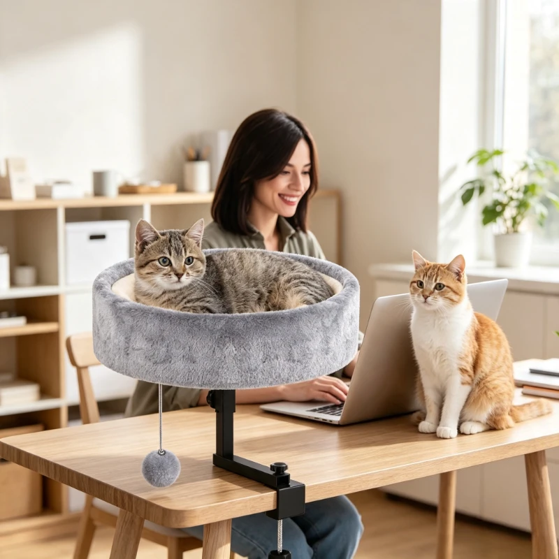 Desk Mounted Cat Bed 360° Rotating Height Adjustable Plush Round Perch Clamp Stand with Hanging Ball 고양이 침대