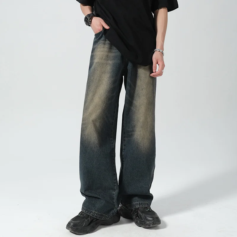 جينز رجالي للخريف موديل 2025 مغسول عتيق بجيوب يطير وسحّاب جينز واسع الساق فضفاض مناسب للانتظار بطول كامل