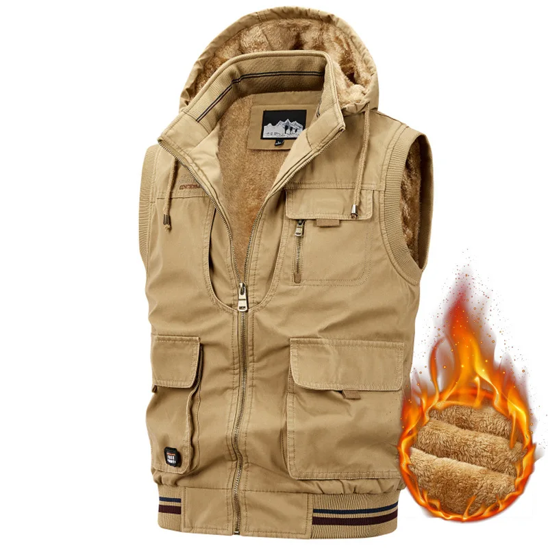 

New Fashion Men Hooded Multi-pockets Waistcoats Man Winter Fleece Warm Sleeveless Jackets Vests Quality Male Cotton Winter Vests