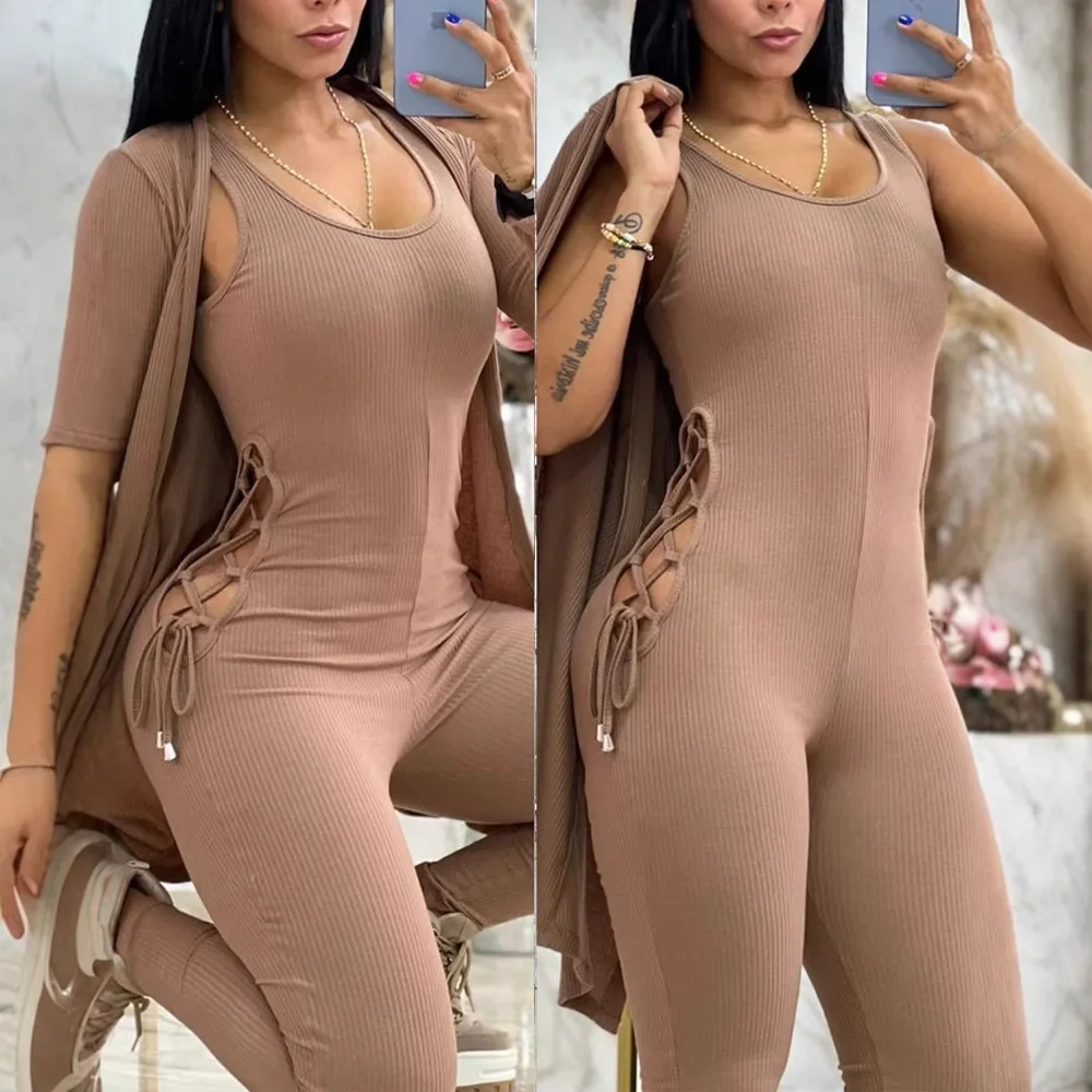 Women 2pcs Clothes Set Solid Color Loose Long Cardigan & Sleeveless Slim Sexy Overall