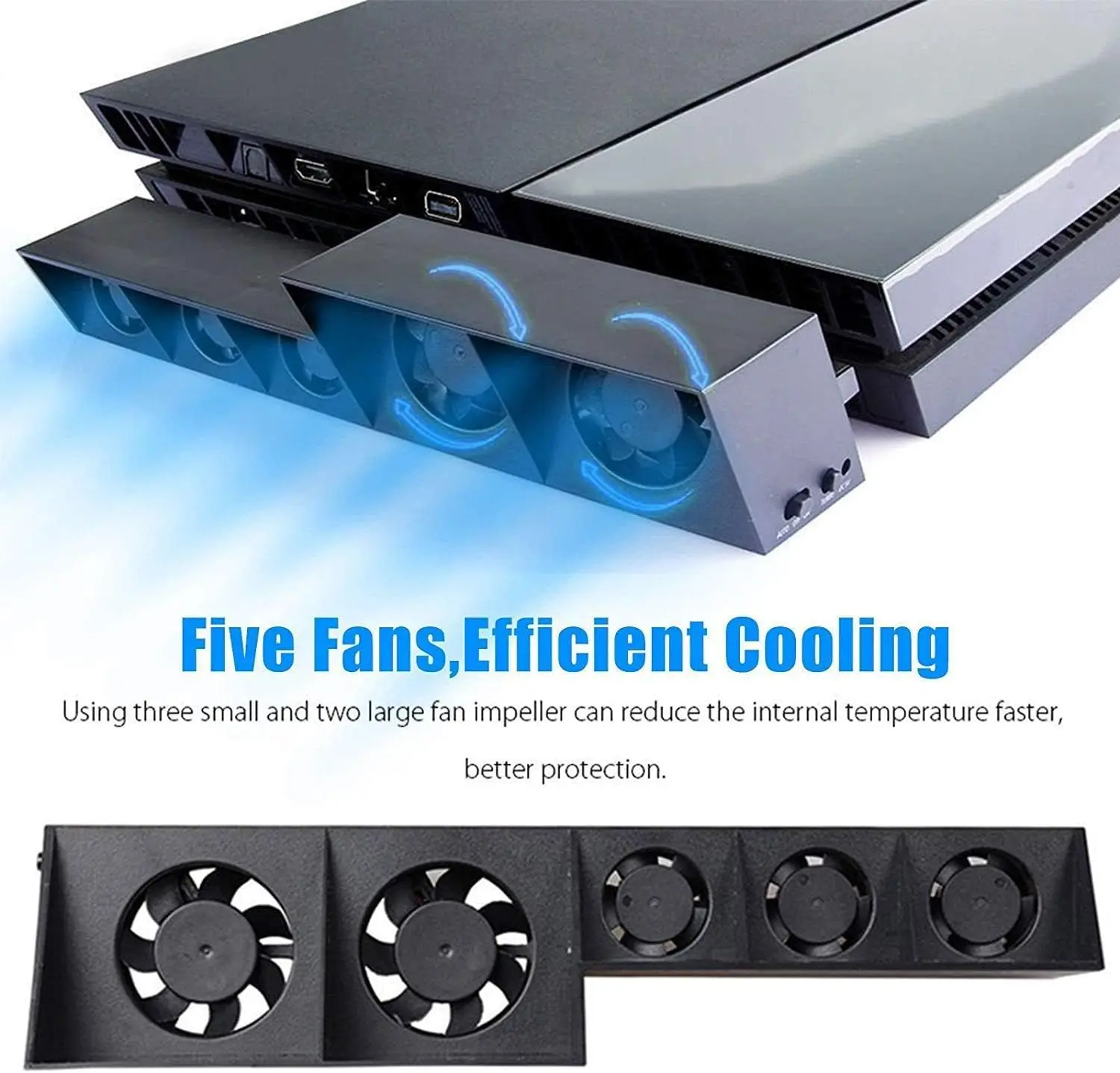 Cooling Fan Fit for Sony PS4, USB External Turbo Temperature Control Cooler Fan with 5 Fans, 3 Adjustable Fan Speeds