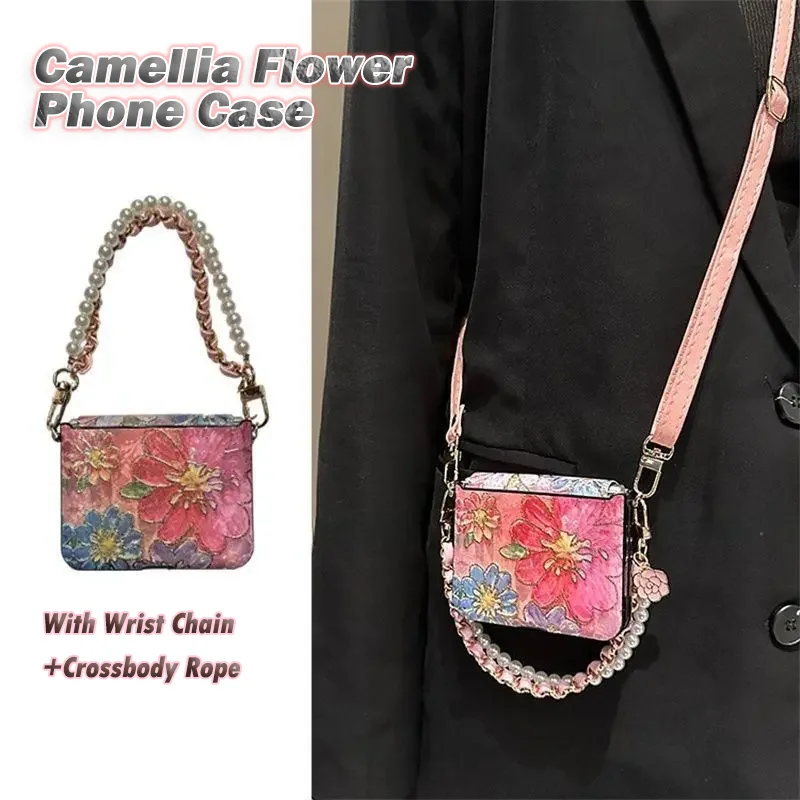Retro Oil Painting Camellia Flower Phone Case For Samsung Z Flip7 6 5 /Xiaomi Mix Flip/Pura X Cover With Wrist Chain & Crossbody