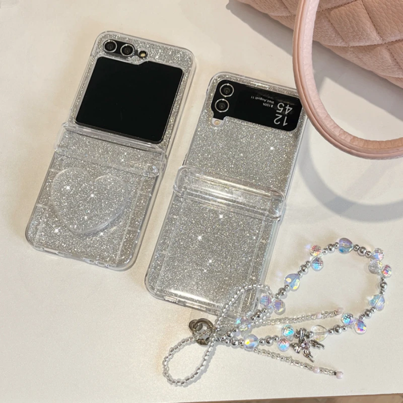 

For Samsung Galaxy Z Flip 5 4 3 Case Z Flip5 ZFlip 5 ZFlip5 3D Love Heart Glitter Cards Bracelet Insert Cards Clear Cover