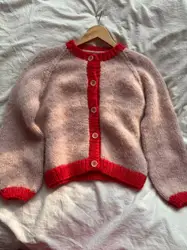 Long Sleeved Sweater with Bright Red Mohair, Hand Woven Top, Color Contrast Powder, Gentle and Female Jacket