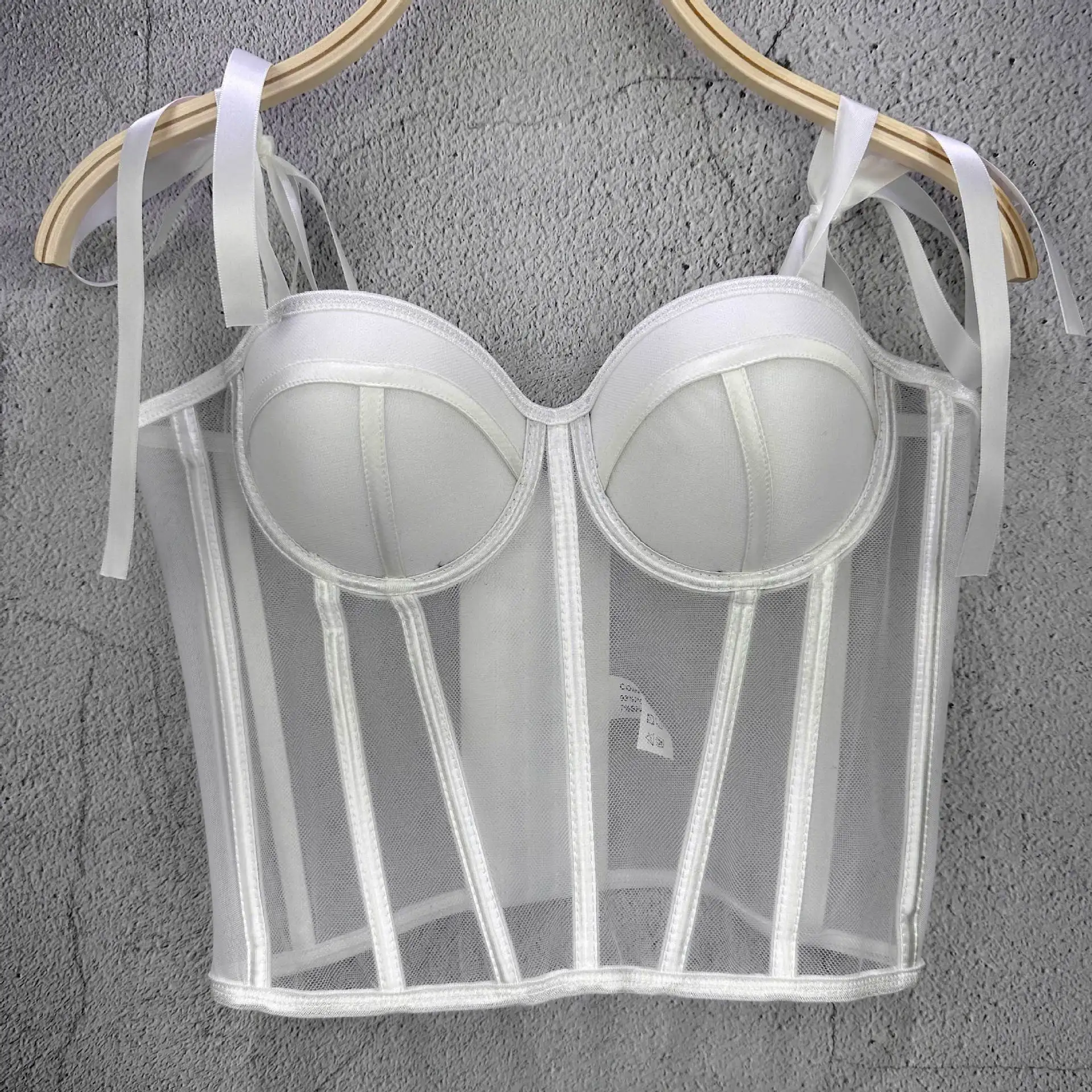 Mesh Transparent Contrasting Lines Women Bustie Sexy Bow Ribbon Ladies Corset Multi Colors Party Blackless Cropped Top Tank Top view 3