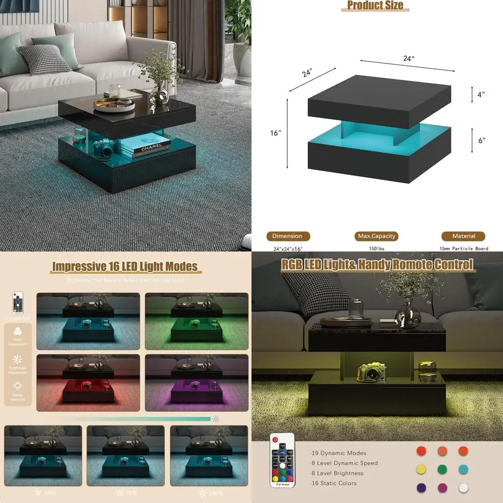 Tavolino da caffè moderno quadrato a 2 livelli con finitura in legno lucido, tavolo centrale portaoggetti 23,6 per soggiorno