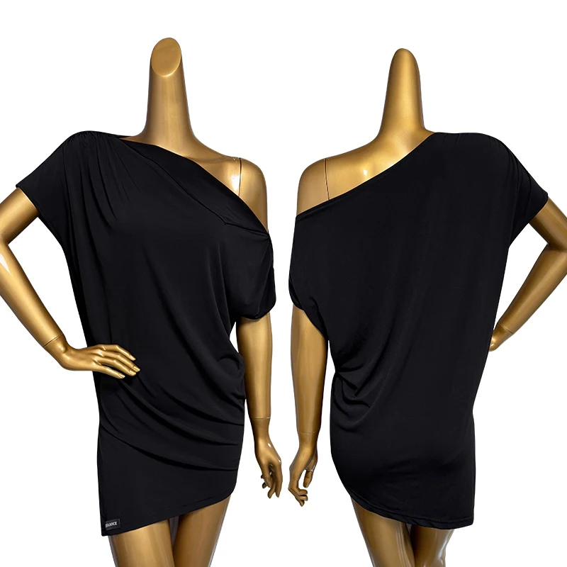 

2025 New New Slanted Shoulder Short Sleeved Latin Dance Top Practice Outfits Chacha Rumba Latin Dance Performance Dress DQS20042