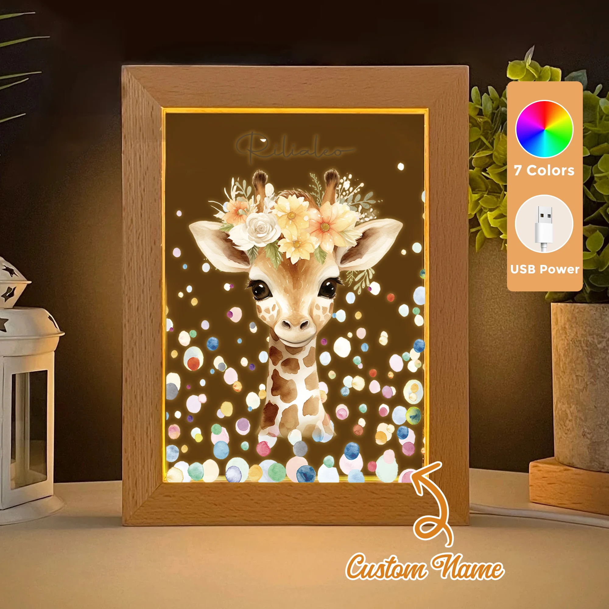 

2D Flat Custom Name Cartoon Giraffe With Wreath LED Acrylic Night Light Wood Photo Frame 21x17cm Child Bedroom Gifts Home Decor