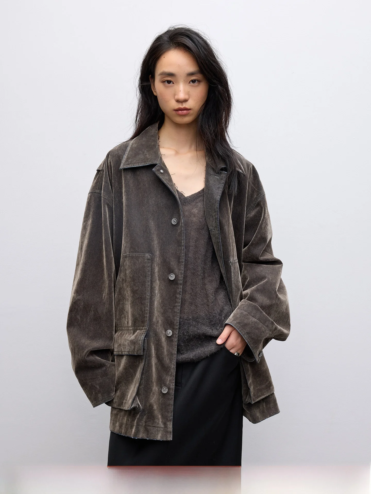 

Retro Sle Faux Velvet Design Workwear Denim Jaet New Autumn Collection Loose Fit Ladies Faion ort Outerwear