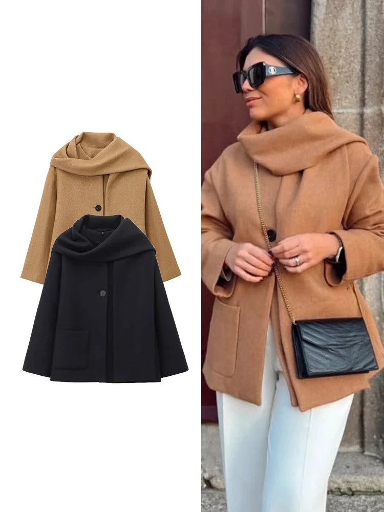 

Loose Long Sleeve Casual Pocket Coats Commuter Style Fashion Streetwear Elegant Women's Scarf Collar Jackets Long Sleeve Button