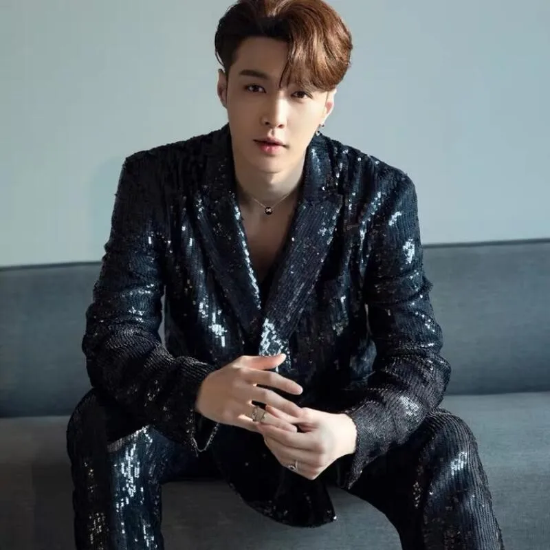 

Men's Two-piece Suit Hip-hop Stage Performance Trainee Dancing Loose Black Sequined Suits Male Singer Host Banquet Clothing