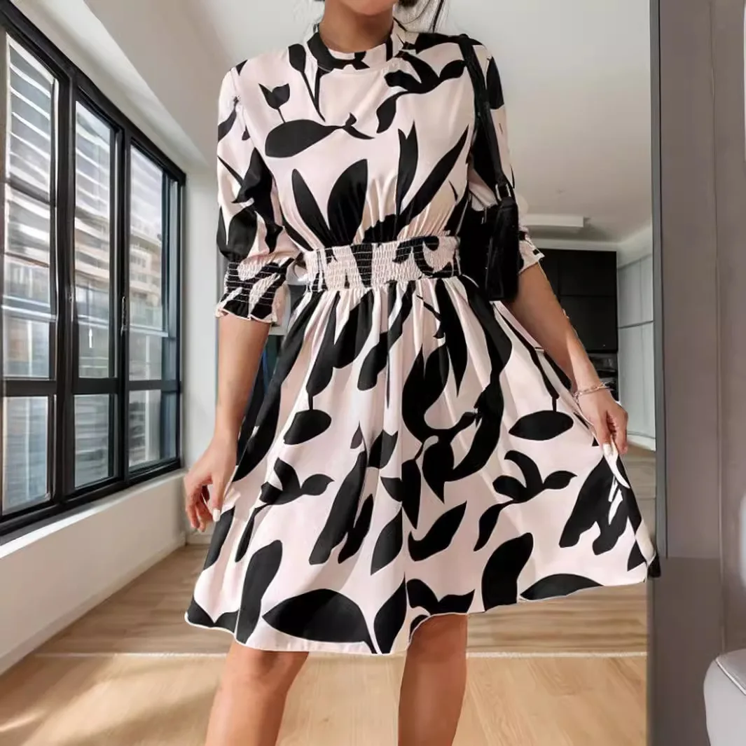 Elegant Women's Midi Dresses 2024 Summer Street Women's Printed Short Sleeved Dress Robe Jurken Met Korte Mouwen Vestido Mujer