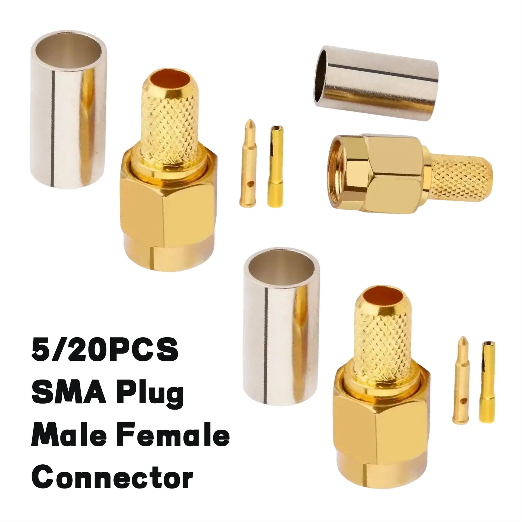 

5/20pcs SMA RPSMA Male Plug / Female Jack Bulkhead Crimp RF Coaxial Connector for RG58 LMR195 RG142 RG400 Cable Wire Terminal